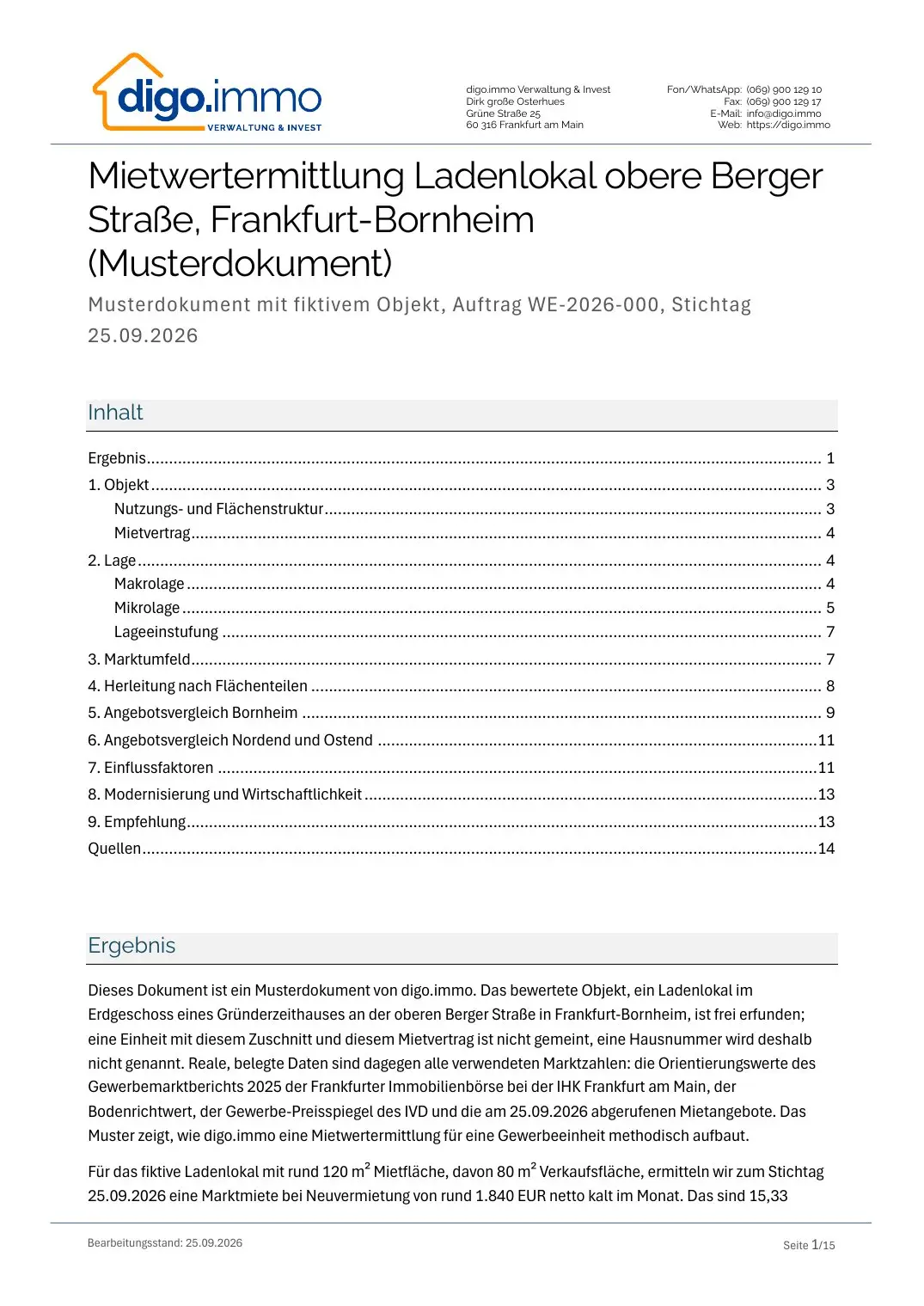 Titelseite des Musterdokuments Mietwertermittlung