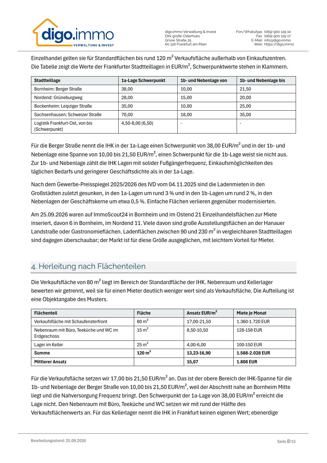 Herleitung der Miete nach Flächenteilen im Musterdokument