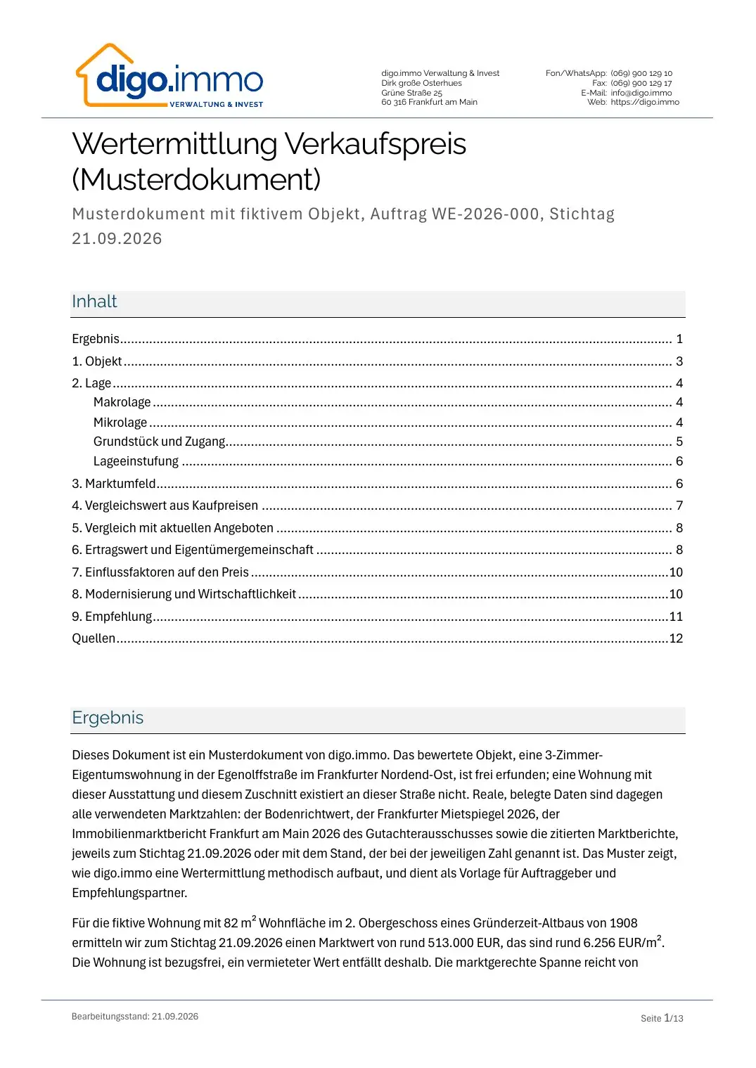 Titelseite des Musterdokuments mit Inhaltsverzeichnis