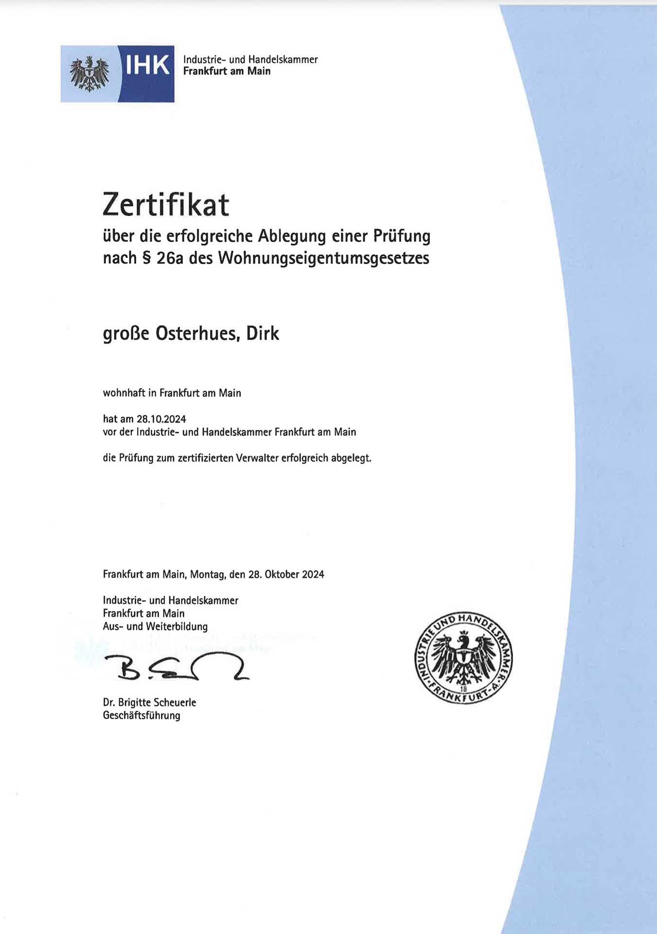 Zertifizierungsurkunde IHK Frankfurt – § 26a WEG